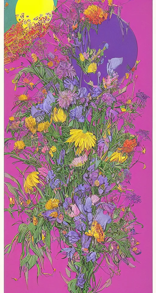 Image similar to beautiful flowers by mœbius, overdetailed art, colorful, record jacket