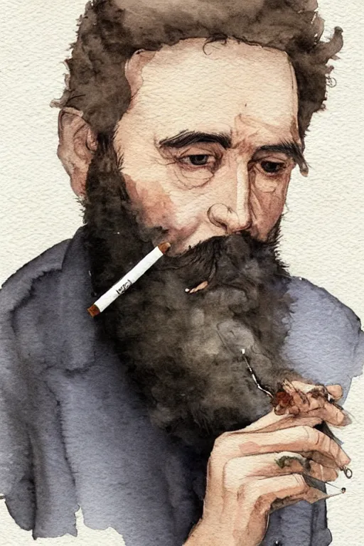 Image similar to portrait of a middle - aged writer with a beard, he is smoking a cigarette, watercolor style of greg rutkowski