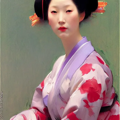 Prompt: yanjun cheng portrait of a beautiful geisha android floral pattern by norman rockwell, bouguereau