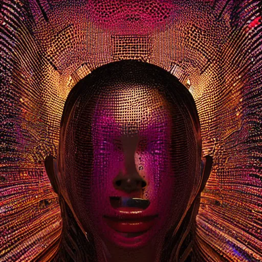 Image similar to portrait_of_glossy metalic skul glitching, data mosh, 4k, cgsociety._intricate_abstract._psychedelic_liquod_embossed_intricate_artwork._by_Tooth_Wu_wlop_beeple_dan_mumford._octane_render_trending_on_artstat