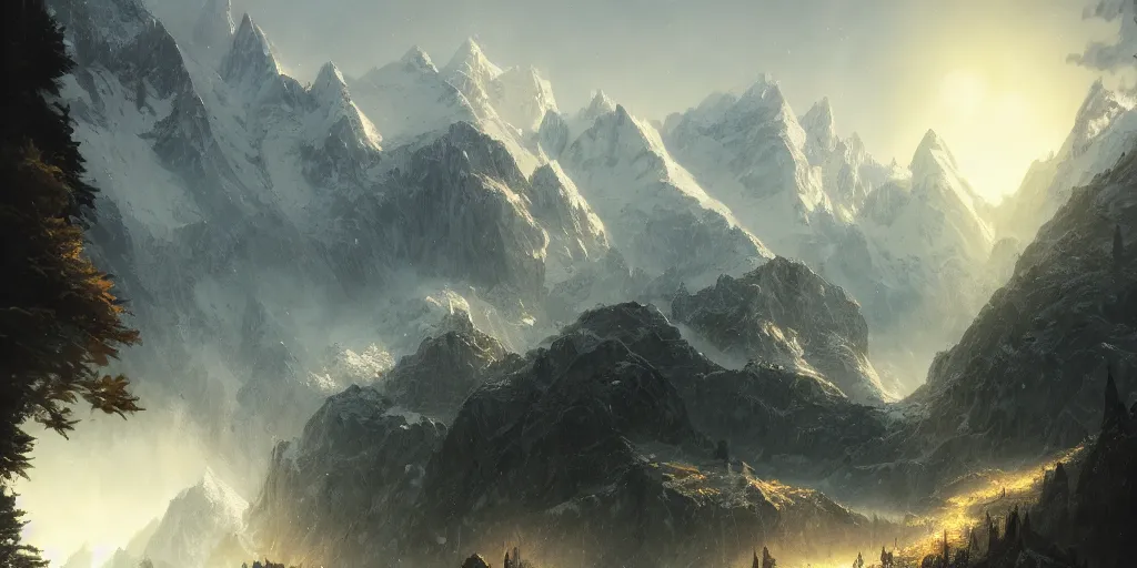 Image similar to beautiful fantasy alps landscape, godrays, magnificent, luxury, detailed, sharp focus, close up, low angle, high detail, volumetric, illustration, cold lighting, by jordan grimmer and greg rutkowski, trending on artstation, pixiv