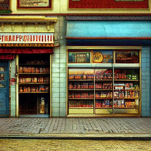 Prompt: A fantasycore photograph of a convenience store with photograph of 2099 portugal lisbon on the street of a very highly detailed eldritch city digital rational painting art by Greg Rutkowski, a 12x(very) much detailed Dimensional cyan gold natural light, highly detailed by alphonse mucha, sharp focus, a 12x(very) much detailed by Eta Cru and James Gurney and Donato Giancola, composition by alphonse mucha