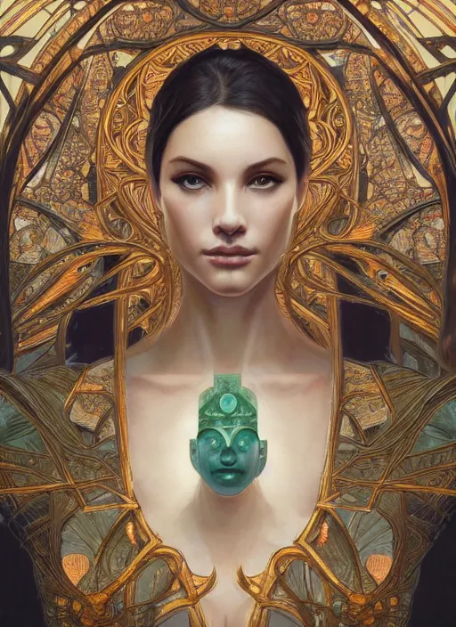 Image similar to symmetry!! jade, machine parts embedded into face, intricate, elegant, highly detailed, digital painting, artstation, concept art, smooth, sharp focus, illustration, art by artgerm and greg rutkowski and alphonse mucha, 8 k