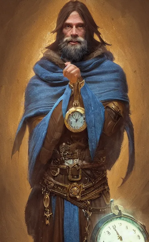 Image similar to portrait of a middle aged elf with a long beard, dressed in a blue cloak with clock iconography, brown hair, raised hand, detailed face, fantasy, highly detailed, cinematic lighting, digital art painting by greg rutkowski