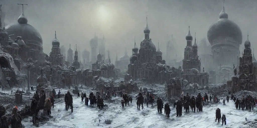 Image similar to Post-apocalyptic imperial russian city scene with a dark smog choked sky and a crowd of people freezing in the snow, black domes and spires, sci fi, detailed matte painting, cinematic, Alan Lee, Artstation