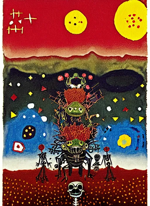 Prompt: pixel decollage painting tarot devil card composition tower of babel road red armor maggot bear and wonky alien frog skeleton knight on a horse in a dark red cloudy night sky with golden foil stars, occult symbols and diamonds, mountain lake and blossoming field in background, painted by mark rothko, helen frankenthaler, danny fox and hilma af klint, pixelated