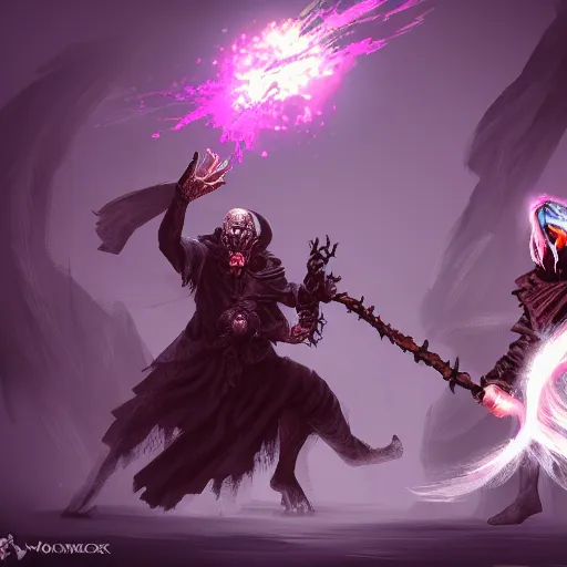Prompt: a necromancer is fighting a warlock with magic spells , epic fight scene , Grim fantasy, illustration , concept art,