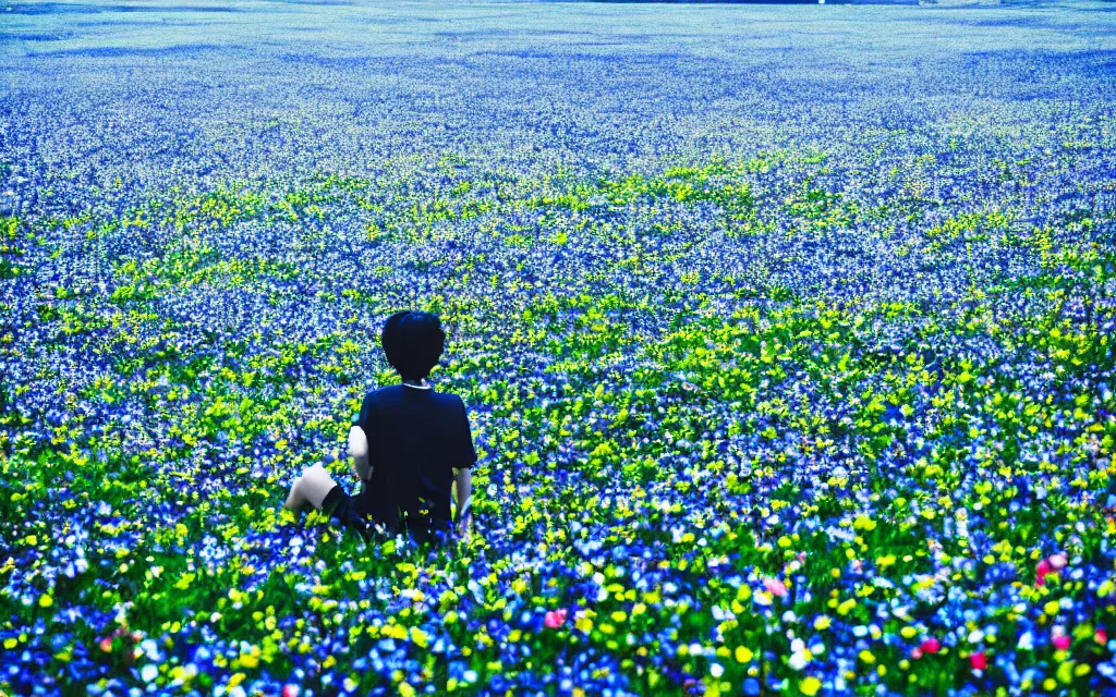 Image similar to a manchester united fan day dreaming on a field of flower, beautiful bright blue sky. 35mm film. makoto shinkai.