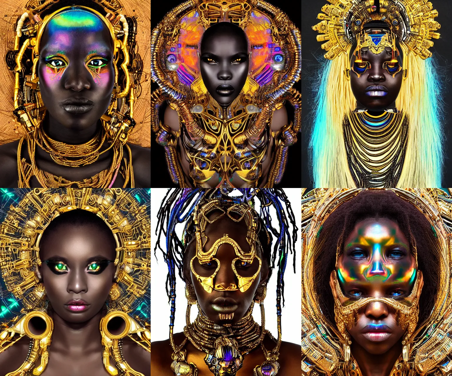 Prompt: portrait of iridescent onyx and gold angry futuristic cyborg galactic himba young fat empress, organic cyborg, intricate, ornate, future baroque, luminous eyes