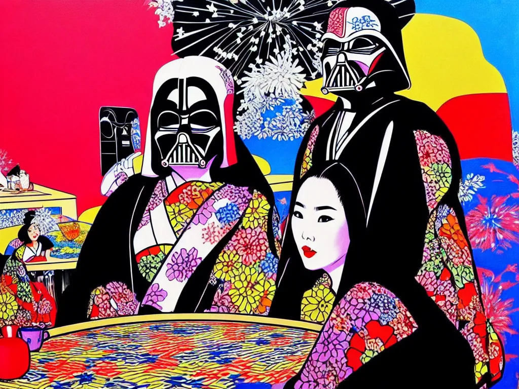 Image similar to hyperrealistic composition of the detailed woman in a japanese kimono sitting at a poker table with darth vader, fireworks, beautiful mountain in the background, pop - art style, jacky tsai style, andy warhol style, acrylic on canvas