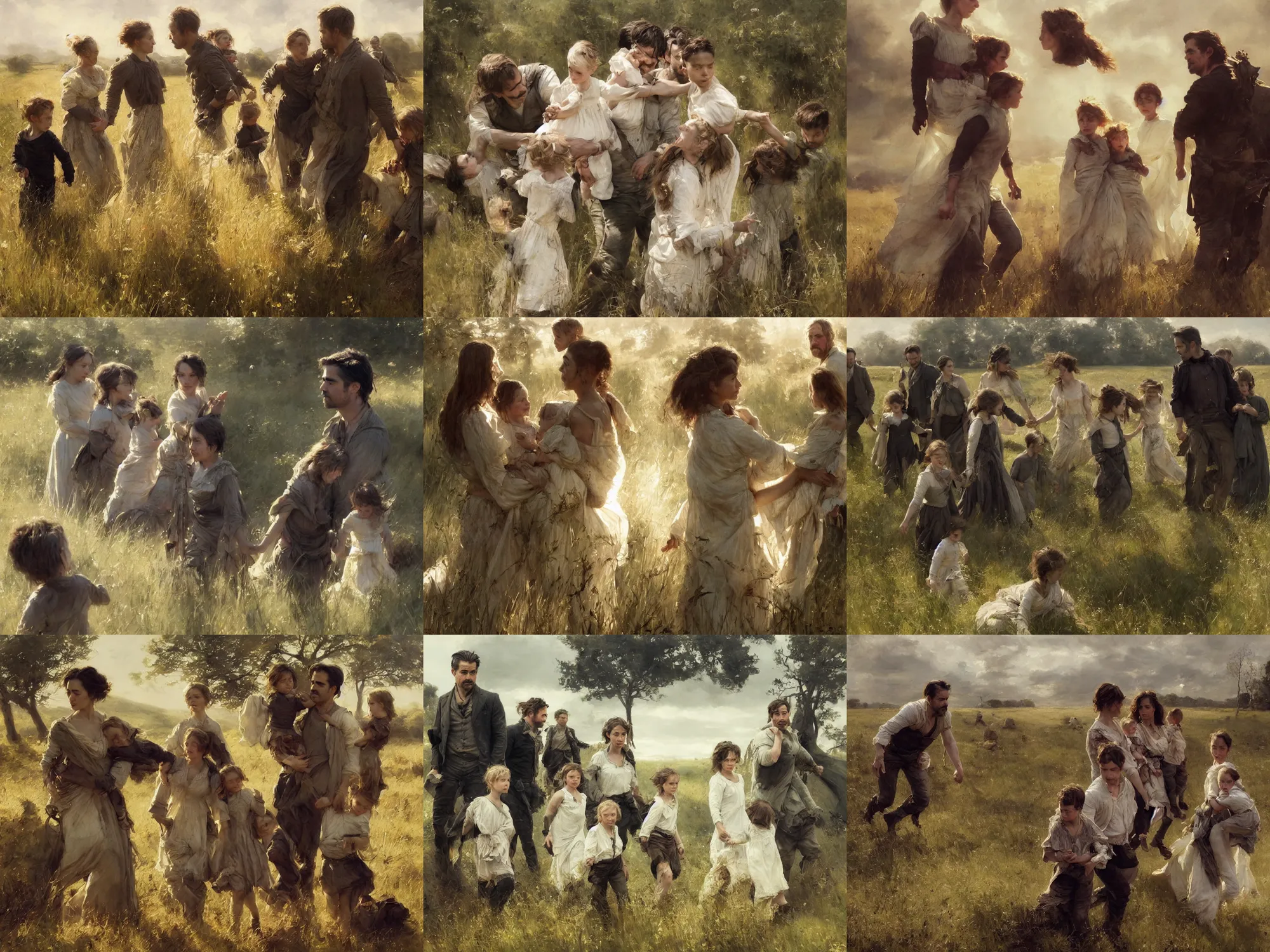 Prompt: family, colin farrell and ruth negga and kids in open fields, art by anders zorn, detailed faces, micro detail, wonderful masterpiece by greg rutkowski, beautiful cinematic light, american romanticism thomas lawrence, greg rutkowski