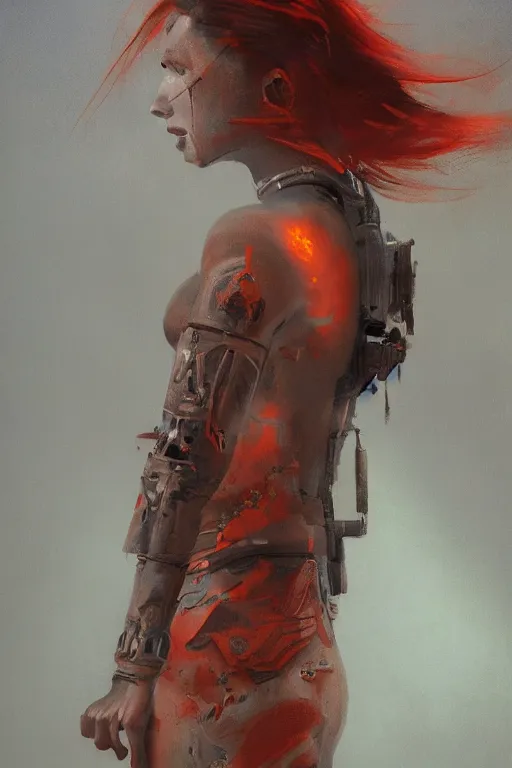 Prompt: Mars Bringer of War as a 19-year old girl figure, Martian tattoos, subject wearing a Martian pattern dress, cinematic light, volumetric shading, by Jeremy Mann and greg rutkowski, muted Martian colors, with few red-orange highlights, trending on artstation, 80 mm lens, oil on canvas