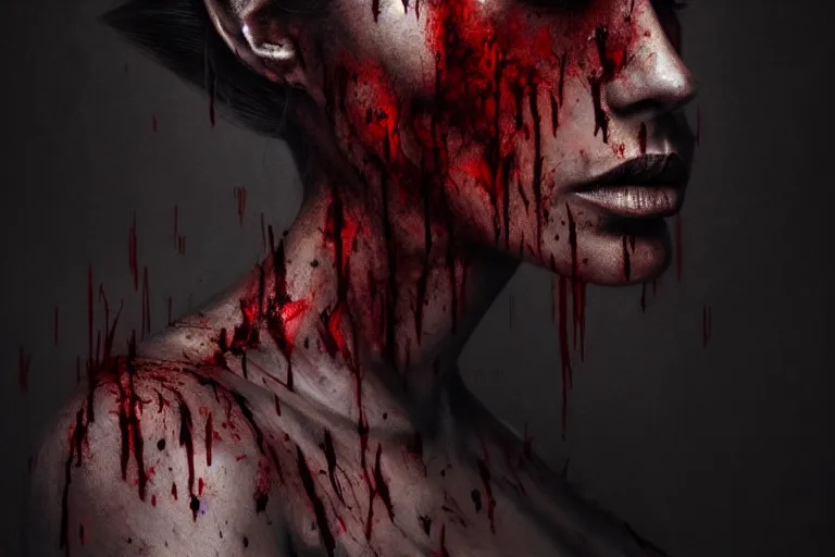 Prompt: surreal Half-body Portrait of beautiful seductive Dark demonic godeness of destruction and war covered in blood , elegant, highly detailed, smooth, photoreal, sharp focus, illustration, beautiful, geometric, dmt trending on artstation, cinematic, artwork by WLOP