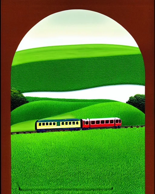 Prompt: strange. a train traveling through a lush green countryside, an album cover by ian hamilton finlay, tumblr, expressionism, windows xp, strange, ue 5