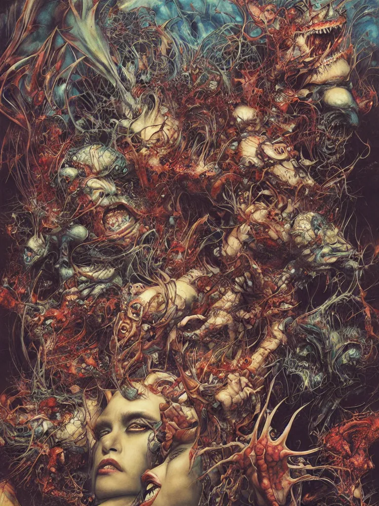 Prompt: realistic detailed image of monsters terrorizing a bowling alley by ayami kojima, amano, karol bak, greg hildebrandt, and mark brooks, neo - gothic, gothic, rich deep colors. beksinski painting, part by adrian ghenie and gerhard richter. art by takato yamamoto. masterpiece