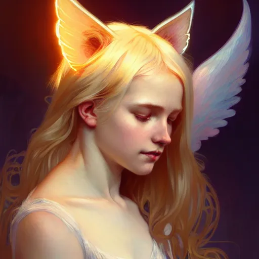 Image similar to Portrait of a girl angel with blonde hair, cat ears, glowing halo, wings, fantasy, intricate, elegant, highly detailed, digital painting, artstation, concept art, smooth, sharp focus, illustration, art by Krenz Cushart and Artem Demura and alphonse mucha