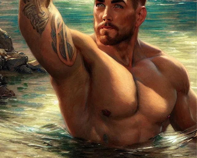 Prompt: handsome tattooed gym bro wades in the river, painting by artgerm, gaston bussiere, craig mullins, j. c. leyendecker, tom of finland