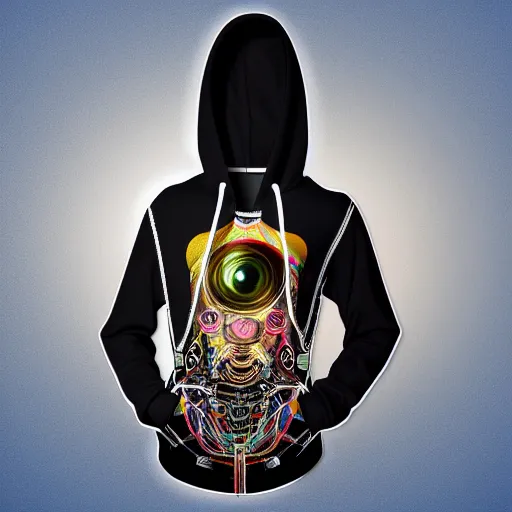 Image similar to mockup of a black hoodie with a hyperdetailed portrait of a steampunk robot on lsd, 8 k, symetrical, flourescent colors, trippy mood, multicolored,