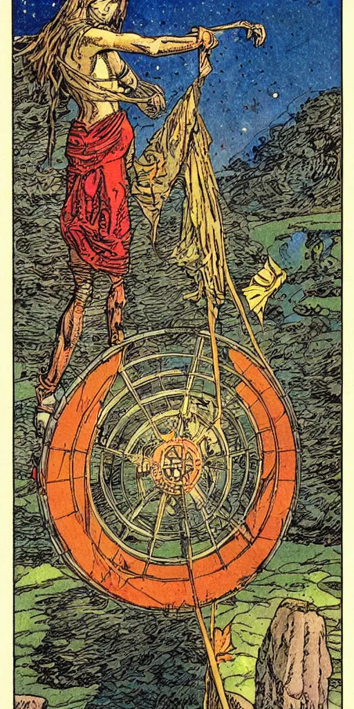 Image similar to the tarot card of the wheel of fortune painted by moebius.