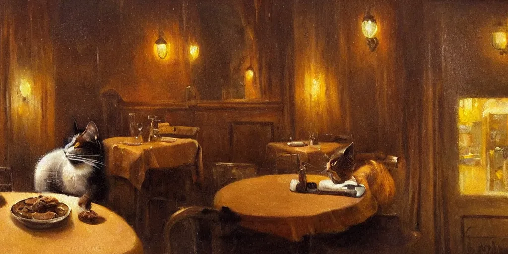 Image similar to brown cat with yellow eyes is sitting at table in a cafe at paris in early 2 0 th century. atmospheric feeling, warm colours, brown colours, yellow colours, epic scene, cinematic, very detailed, oil painting