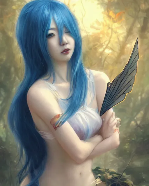 Image similar to stunningly beautiful female blue hair, cute korean actress, dj sura, fantasy art, fae priestess, lush dark forest landscape, fireflys at night, sharp focus, digital painting, 8 k, concept art, art by wlop, artgerm, greg rutkowski and alphonse mucha