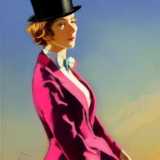 Image similar to an attractive female in a pink suit and tie, standing on a cliff, wearing a tophat, looking out at a pink ocean, by jc leyendecker!! phil hale!, angular, brush strokes, painterly, vintage, crisp