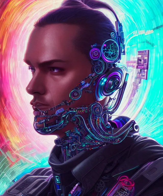 Prompt: a man wearing netrunner clothing, extremely detailed face, cyberpunk, cybernetic, cyborg, vaporwave aesthetic, synthwave, flowing hair, colorful, psychedelic, intricate, elegant, highly detailed, digital painting, artstation, concept art, smooth, sharp focus, illustration, art by artgerm and greg rutkowski and alphonse mucha