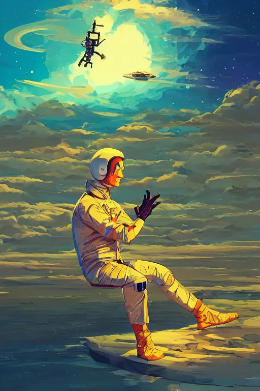 Image similar to astronaut sitting on an alien beach, watching the planets, psychedelic vegetation, art gta 5 comics, official fanart behance hd artstation by jesper ejsing, by rhads, makoto shinkai and lois van baarle, ilya kuvshinov, ossdraws radiating a glowing aura cgi rtx 2 0 2 2