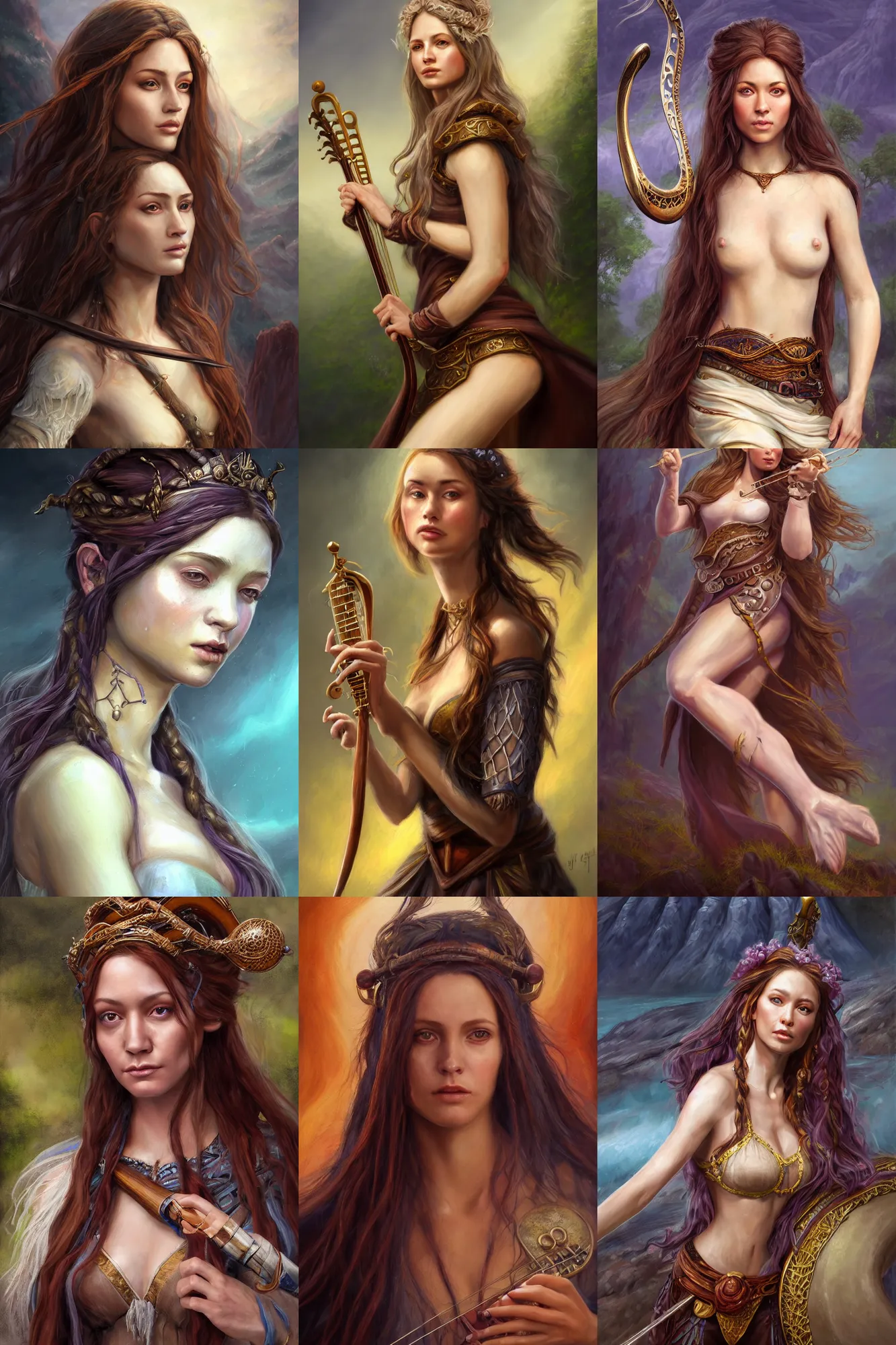 Prompt: a full body high detail fantasy portrait oil painting illustration of a single beautiful female bard by justin sweet with face and body clearly visible, flowing hair, high cheekbones, in a scenic background, pretty eyes, realistic proportions, d & d, rpg, forgotten realms, artstation trending, high quality, sombre mood, artstation trending, muted colours, entire person visible!