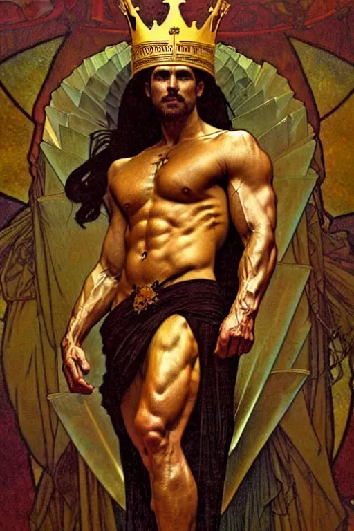 Image similar to a god wearing dark clothes and golden crown, muscular, tarot art, painting by greg rutkowski and alphonse mucha