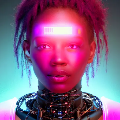 Image similar to portrait of a beautiful dark skinned woman with pink hair as a cyberpunk cyborg half robot, revealing wires and electronics, hooked - up, sci - fi, missing panels, intricate abstract upper body intricate artwork, concept art, octane render, deviantart, cinematic, key art, hyperrealism, iridescent accents, portrait photograph, nikon 3 5 mm, photograph by greg rutkowski