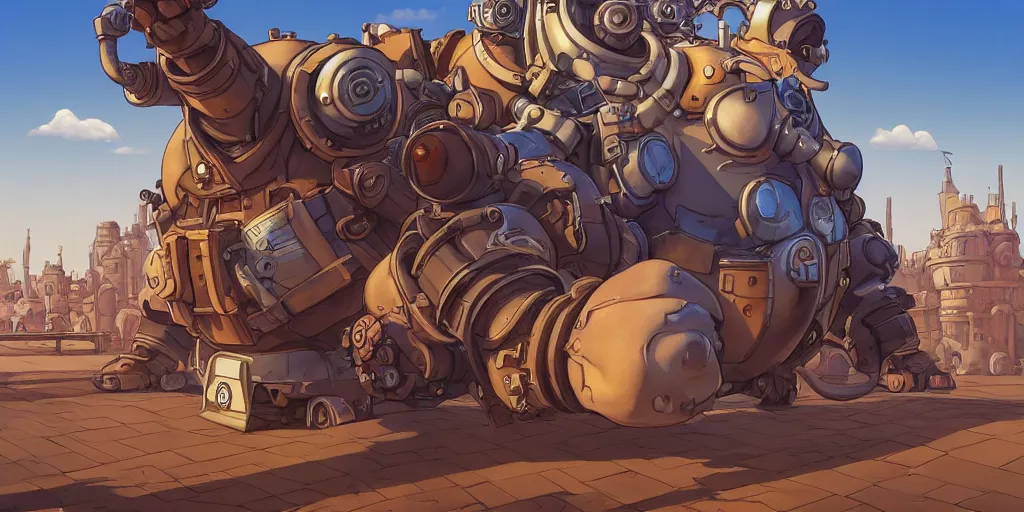 Prompt: roadhog from overwatch in style of the 1 9 9 0 disney cartoon, cinematic shot, octane render dieselpunk style, steampunk, art by jean giraud and moebius ; architecture by francois schuiten, illustration, drawing, painting, clean lines, digital art, symmetric, retrofutur, detailed, artstation