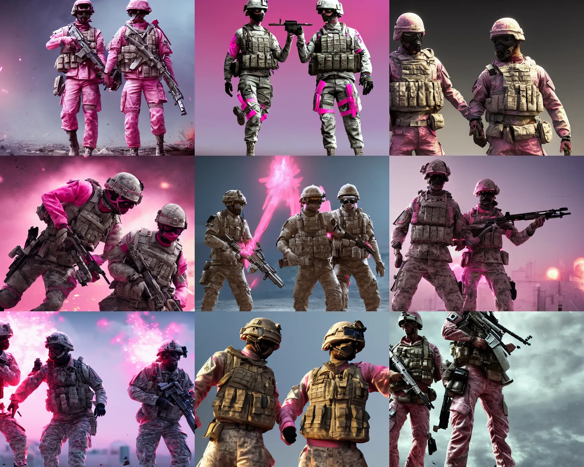 Prompt: two Battlefield 3 soldiers in pink! clothes are holding their hands, artstation, pink clothes, holding-hands!, intricate details, Octane render, realistic, 4k, centered position, beautiful background, highly detailed (masked) faces, (explosions in background)