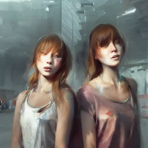 Prompt: 2 beautiful female twins at a skate park by ruan jia and mandy jurgens and artgerm and william - adolphe bouguerea, highly detailed, trending on artstation, award winning,