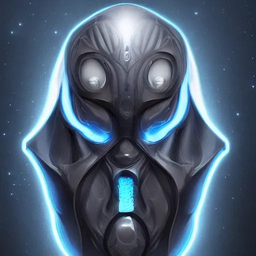 Prompt: award - winning. trending on artstation. 4 k. a faceless astral figure wearing a hooded cape made of the night sky with 1 dark blue glowing eye on its face. full - body.