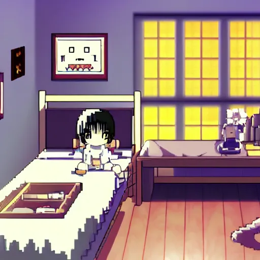 Image similar to rpg maker style bedroom, warm yellow lighting, omori, corpse party, to the moon, pokemon