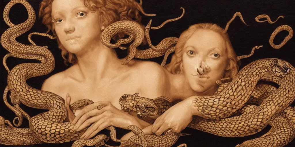 Image similar to realistic portrait of beautiful scylla with her snakes, golden, delicate, facing camera, hyper realism, 1 4 5 0, ink, ultra realistic, 8 k