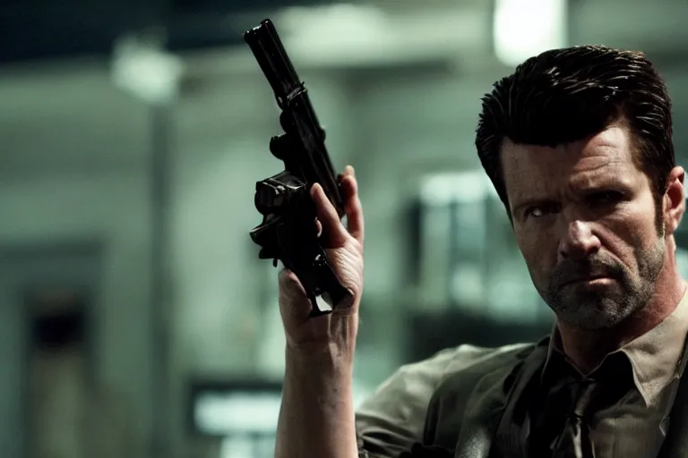 Image similar to film still of James McCaffrey as Max Payne in the Max Payne movie, 4k