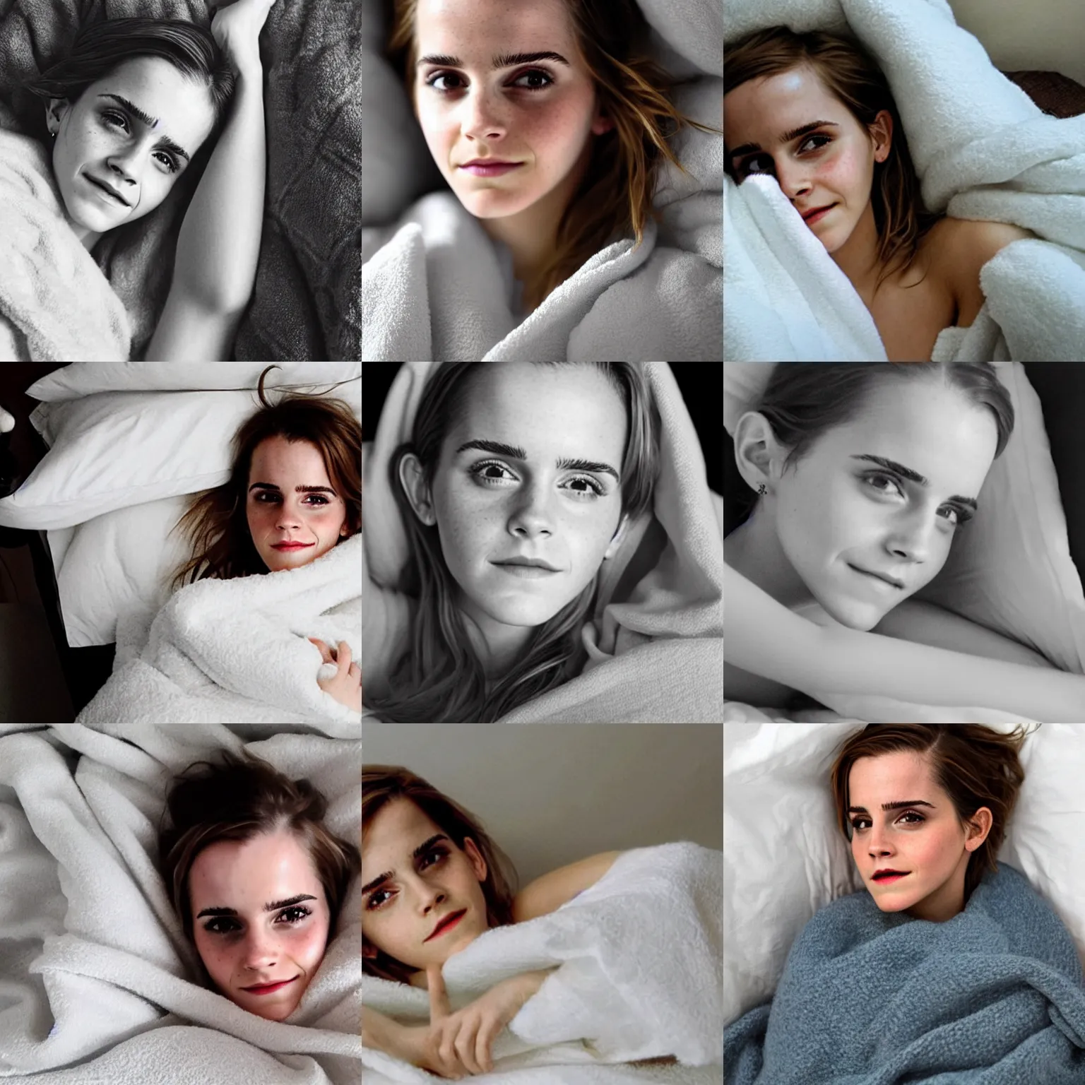 Prompt: emma watson in bed, covered by a white blanket, no makeup, no filter, natural skin, messy hair, sleepy, smiling sheepishly