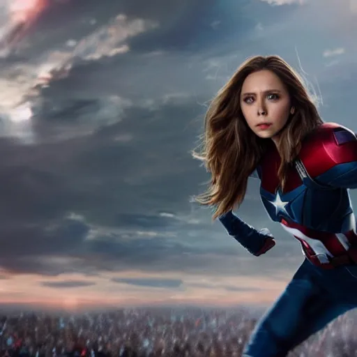 Image similar to Photorealistic art of Elizabeth Olsen as Captain America, full body, action shot, high definition, cinematic, realistic