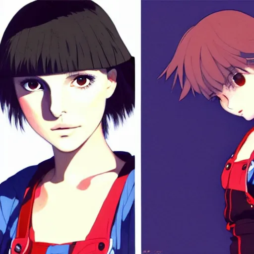 Image similar to a beautiful! boyish! natalie portman alluring gravure! model, wearing oversized mayan bomber jacket and leotard with overalls, bulky poofy bomber jacket with mayan patterns, gapmoe yandere grimdark, trending on pixiv fanbox, painted by greg rutkowski makoto shinkai takashi takeuchi studio ghibli, akihiko yoshida