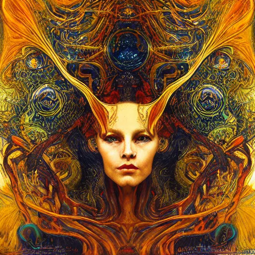 Image similar to Divine Chaos Engine by Karol Bak, Jean Deville, Gustav Klimt, and Vincent Van Gogh, horizontal symmetry, detailed fractals