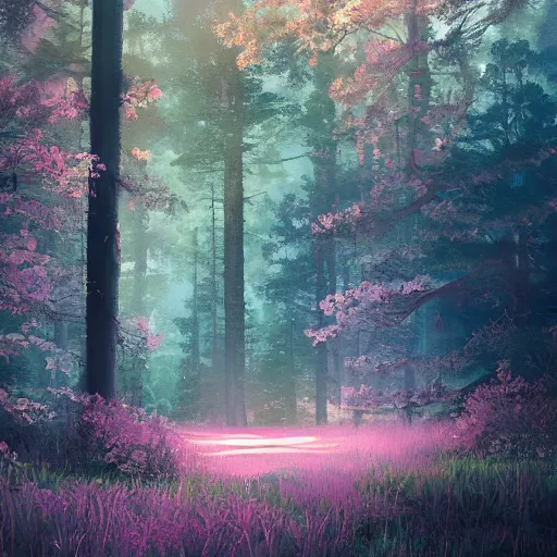 Image similar to solace hermatige cottage peaceful clouds beautiful woods trees pine, nice view, gradient of pink and blue, mystical realistic poster with shaded lighting by craig mallismo, artgerm, jeremy lipkin and michael garmash, unreal engine, radiant light, detailed and complex environment city utopia