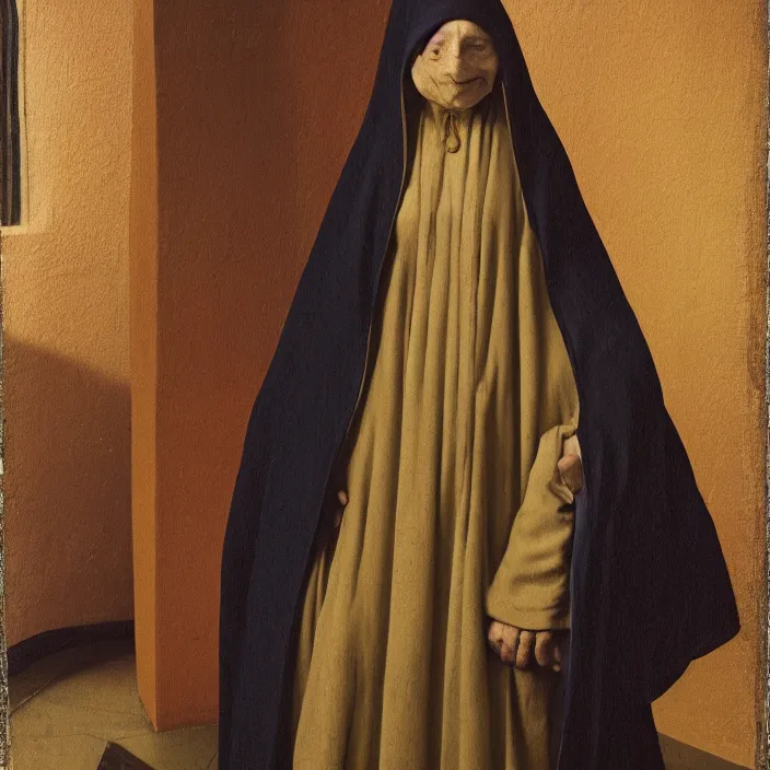 Image similar to a woman in a hooded cloak, in a planet fitness, color photograph, by jan van eyck, canon eos c 3 0 0, ƒ 1. 8, 3 5 mm, 8 k, medium - format print