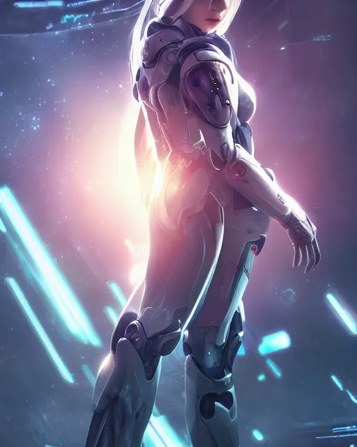 Image similar to perfect android girl on a mothership, warframe armor, beautiful face, scifi, futuristic, galaxy, nebula, raytracing, dreamy, long white hair, blue cyborg eyes, sharp focus, cinematic lighting, highly detailed, artstation, divine, by gauthier leblanc, kazuya takahashi, huifeng huang