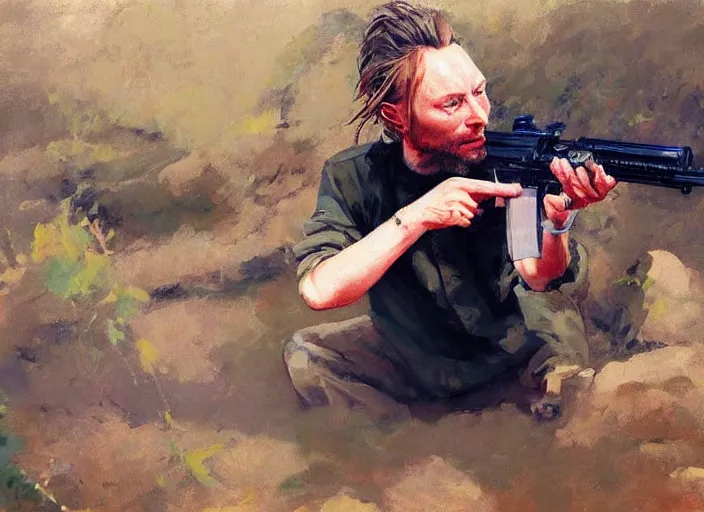 Image similar to a highly detailed beautiful portrait of thom yorke shooting an ak 4 7, by gregory manchess, james gurney, james jean