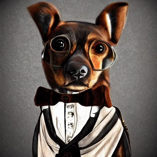 Prompt: a steampunk dog, digital art, hyperrealistic