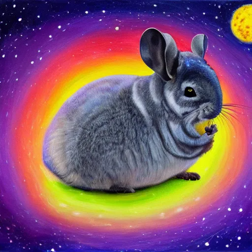 Image similar to oil painting of chinchilla with mean look in space with galaxy in background pooping rainbox jellybeans, rainbow jellybeans under chinchilla's tail