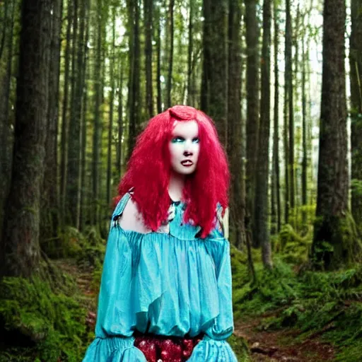 Image similar to a cottagecore witch, with strawberry hair, with teal clothes, in a foggy forest, hyper - realistic, 4 k, full body, vogue photoshoot