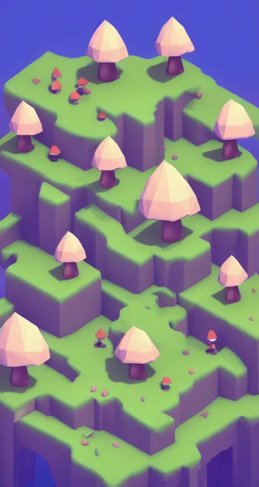 Image similar to a cute little matte low poly isometric mushroom island, lat lighting, trending on artstation, 3d render, monument valley, fez video game,